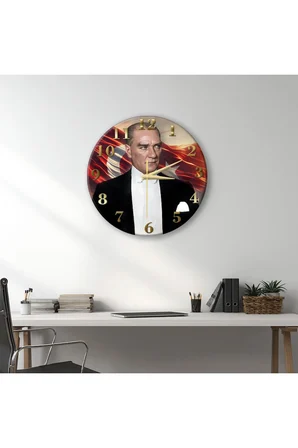 ATATÜRK Temalı Dekoratif Duvar Saati – 33 cm UV Baskılı MDF Duvar Saati
