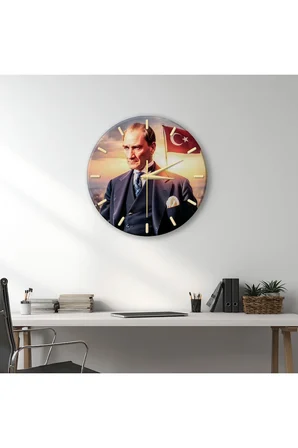 ATATÜRK Temalı Dekoratif Duvar Saati – 33 cm UV Baskılı MDF Duvar Saati