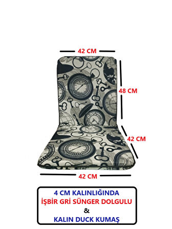 Sandalye Minderi Yüksek Sırt Destekli Fermuarlı Yıkanabilir 6'lı Sandalye Ve Masa Örtüsü (120x180) Saat Desen