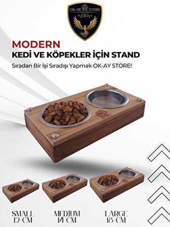  Paslanmaz Çelik Kaseli Kedi Köpek Mama ve Su Kabı Standı – Ahşap Gövde, Kaymaz Tabanlı (Small)