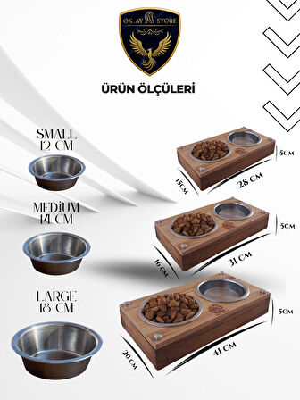  Paslanmaz Çelik Kaseli Kedi Köpek Mama ve Su Kabı Standı – Ahşap Gövde, Kaymaz Tabanlı (Small)