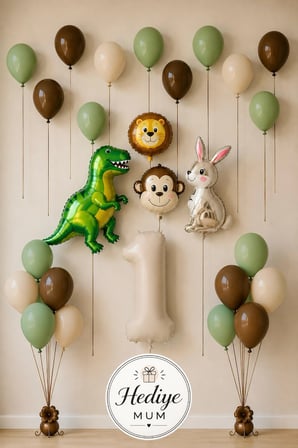 Erkek Çocuk Safari Hayvan Figürlü Konsept Doğum Günü Rakam Balonlu Yaş Seçenekli Mumlu Balon Seti
