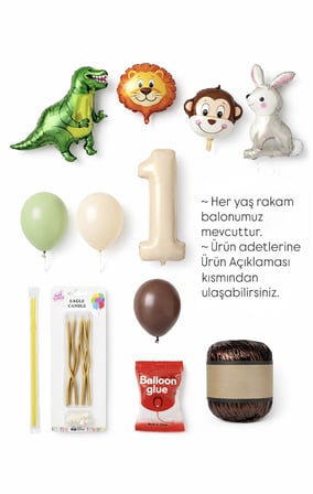 Erkek Çocuk Safari Hayvan Figürlü Konsept Doğum Günü Rakam Balonlu Yaş Seçenekli Mumlu Balon Seti