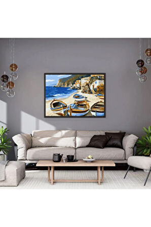 Sahildeki Kayık Sayılarla Boyama Seti, Hobi Seti, 40X50 Tablo, Fırça Boya Asma Aparatı Dahil, Deniz