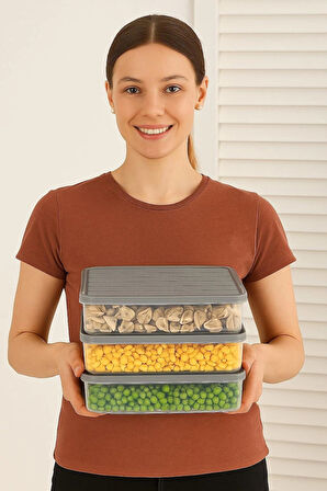 EVROYA HOME 3'lü Set Kendinden Kapaklı Derin Dondurucuya Uygun Saklama Kabı Seti Cok Amaçlı Kullanıma Uygun