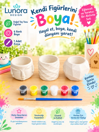 Taş Tozu Saksı Seti – 3 Adet Figür + 6 Renk Boya + Fırça | Hobi & Aktivite Seti