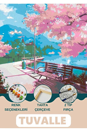 Sakura Altında Sayılarla Boyama Seti, Hobi Seti, 40X50 Tablo, Fırça Boya Asma Aparatı Dahil, Doğa