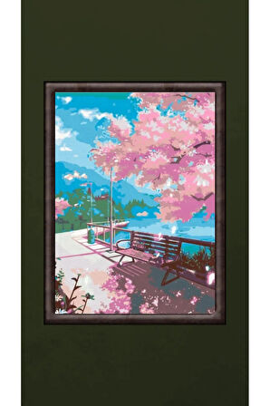Sakura Altında Sayılarla Boyama Seti, Hobi Seti, 40X50 Tablo, Fırça Boya Asma Aparatı Dahil, Doğa