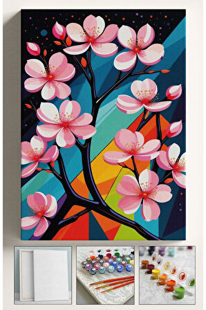 Sayılarla Boyama Hobi Seti Çerçeveli Numaralı Tuval Fırça Boya Dahil Kasnaklı SAKURA AĞACI 40x50 Cm