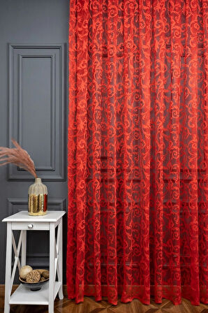 Klasik Şal Desen Kırmızı Renk Desen Tasarım 2 Kat Pileli Tül Perde