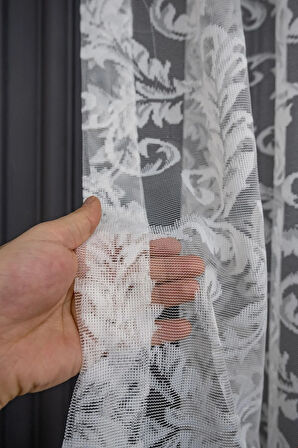 Klasik Şal Desen Kırık Beyaz Renk Desen Tasarım 2 Kat Pileli Tül Perde