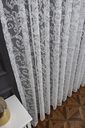 Klasik Şal Desen Kırık Beyaz Renk Desen Tasarım 2 Kat Pileli Tül Perde