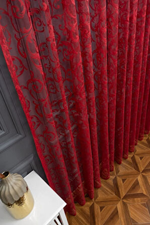 Klasik Şal Desen Bordo Renk Desen Tasarım 2 Kat Pileli Tül Perde