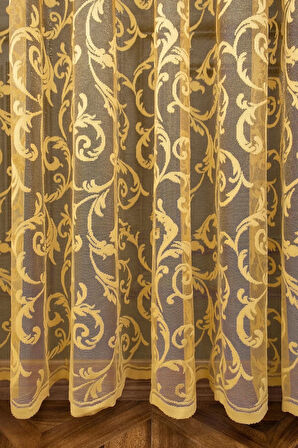 Klasik Şal Desen Hardal Koyu Sarı Renk Desen Tasarım 2 Kat Pileli Tül Perde