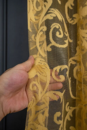 Klasik Şal Desen Hardal Koyu Sarı Renk Desen Tasarım 2 Kat Pileli Tül Perde