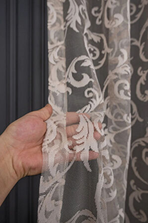 Klasik Şal Desen Vizon Bej Açık Kahve Renk 2 Kat Pileli Tül Perde