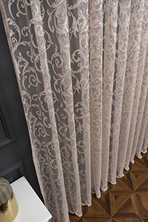 Klasik Şal Desen Vizon Bej Açık Kahve Renk 2 Kat Pileli Tül Perde