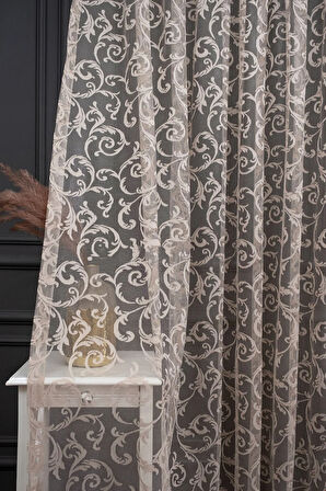 Klasik Şal Desen Vizon Bej Açık Kahve Renk 2 Kat Pileli Tül Perde