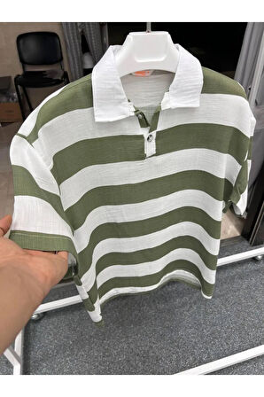 Polo Yaka Çizgili Keten Kumaş T-shirt