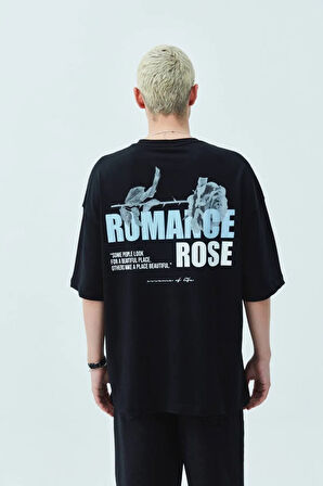 Oversize Romance Rose Gül Baskılı T-shirt Siyah