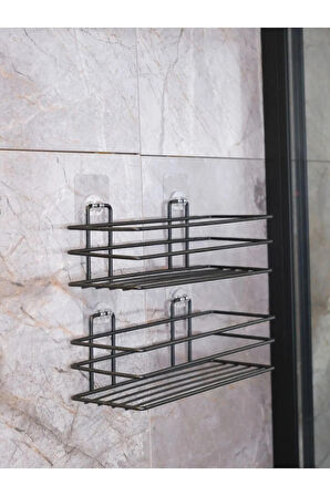 Siyah Yapışkanlı 2Li Set Banyo Düzenleyici Şampuanlık Banyo Rafı Duş Rafı Organizer