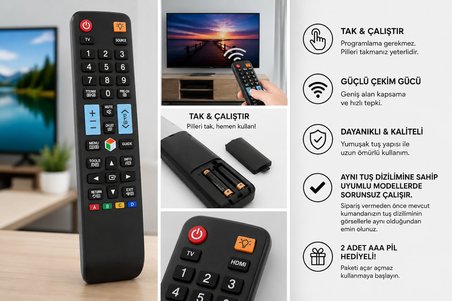 Samsung LCD LED TV Kumandası Tak Çalıştır Kumanda Aynı Tuş Dizilimli Modellerle Uyumlu 2 Adet Pil Hediyeli
