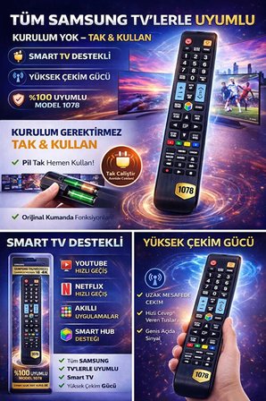 Samsung Tüm Modellerle Uyumlu Akıllı Kumanda 1078 – Smart TV, LED, LCD, UHD, 4K Uyumlu