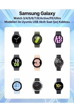 Samsung Galaxy Watch 3/4/5/6/7/8/Active/FE/Ultra Modelleri ile Uyumlu USB Akıllı Saat Şarj Kablosu