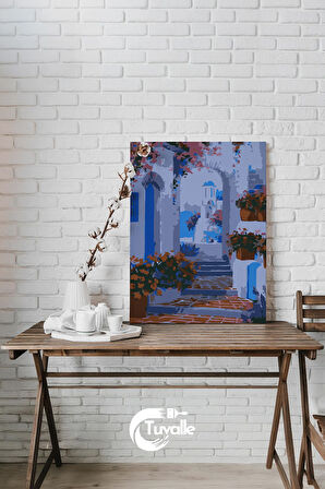 Santorini Adası Sayılarla Boyama Seti, Hobi Seti, 40X50 Tablo, Fırça Boya, Numaralı Tuval