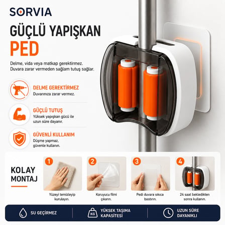 3'lü Duvara Monte Yapışkanlı Sap Tutucu, Mop Tutucu, Süpürge Tutucu, Şemsiye Tutucu, Kaymaz Kauçuk Silikon Organizer Askılık(3 adet)