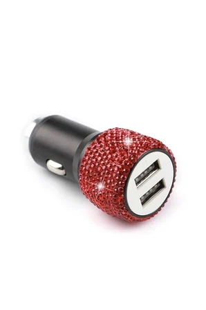 Gümüş . Taşlı Çakmaklık Şarj Cihazı Çift Usb Çıkışlı Pırlanta Taşlı Sarj Aparatı Oval Model