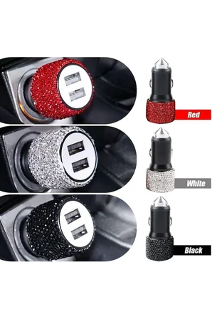 Gümüş . Taşlı Çakmaklık Şarj Cihazı Çift Usb Çıkışlı Pırlanta Taşlı Sarj Aparatı Oval Model