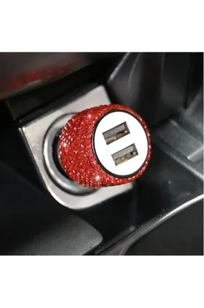 Gümüş . Taşlı Çakmaklık Şarj Cihazı Çift Usb Çıkışlı Pırlanta Taşlı Sarj Aparatı Oval Model