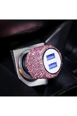 Gümüş i Taşlı Çakmaklık Şarj Cihazı Çift Usb Çıkışlı Pırlanta Taşlı Sarj Aparatı Oval Model