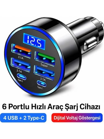 Hili 6 Portlu Hızlı Araç Şarj Cihazı 4 USB 2 Type-C Dijital Voltaj Göstergeli 12V-24V