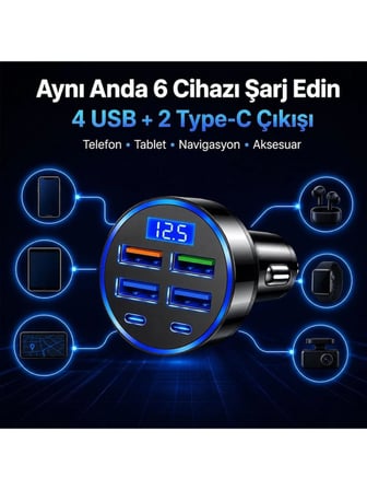 Hili 6 Portlu Hızlı Araç Şarj Cihazı 4 USB 2 Type-C Dijital Voltaj Göstergeli 12V-24V