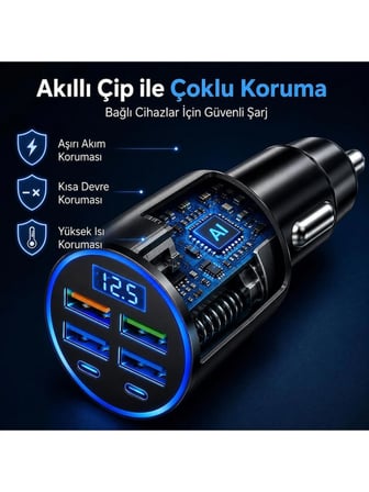 Hili 6 Portlu Hızlı Araç Şarj Cihazı 4 USB 2 Type-C Dijital Voltaj Göstergeli 12V-24V