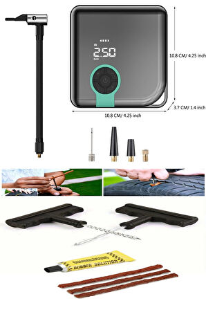 Hava Pompası Şarjlı Taşınabilir Basınç Göstergeli Kompresör Powerbank Lastik Şişirme Pompa Kit Hediy