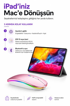 Kablosuz Şarjlı Mouse Bluetooth 5.2 + USB 2.4G Çift Modlu Android Telefon Tablet iPad MacBook Laptop PC Uyumlu