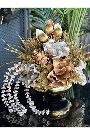 Yapay Sarkıt Çiçekli Gold Yassı Vazo No:2