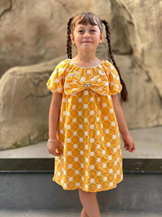 Kız Çocuk Pamuklu Çiçek Nakışlı Fiyonklu Yazlık Sarı Elbise