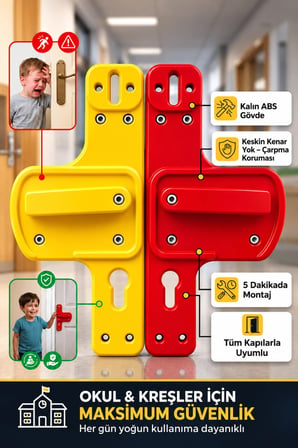 Okul ve Kreşler İçin Bariyerli Kapı Kolu | Çocuk Güvenlik Kapı Kolu | Kırılmaz ABS | 10'lu Sarı Kırmızı Set