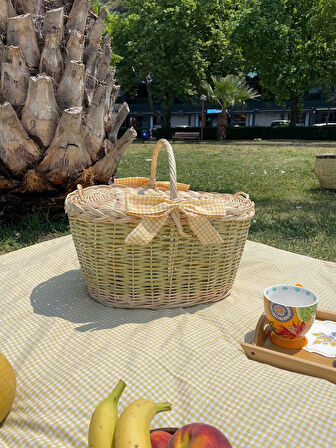 Büyük Boy Sarı Xxl Hasır Kapaklı Piknik Sepeti Seti(sofra bezi ve sepet)