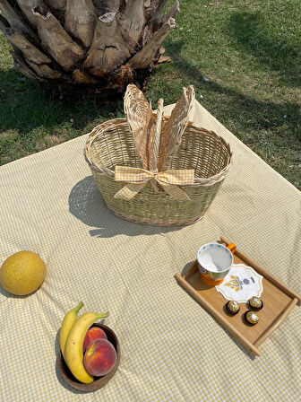 Büyük Boy Sarı Xxl Hasır Kapaklı Piknik Sepeti Seti(sofra bezi ve sepet)