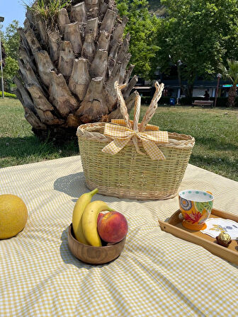 Büyük Boy Sarı Xxl Hasır Kapaklı Piknik Sepeti Seti(sofra bezi ve sepet)