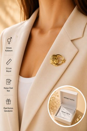 Atatürk Ay Yıldız Gold Renk Rozet Unisex Yaka Aksesuarı