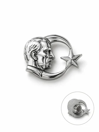 Atatürk Ay Yıldız Gümüş Renk Rozet Unisex Yaka Aksesuarı