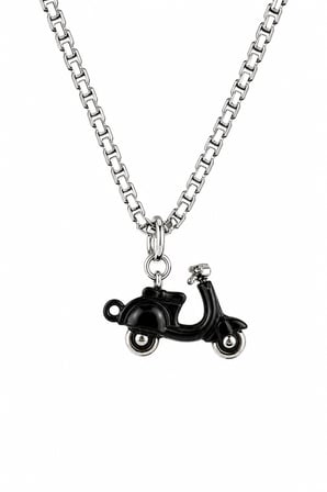 Siyah Hareketli Tekerlekli Vespa Kolye Paslanmaz Çelik Zincirli 60 cm Unisex Motor Kolyesi