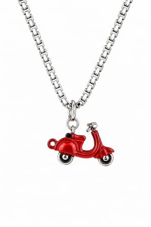 Kırmızı Hareketli Tekerlekli Vespa Kolye Paslanmaz Çelik Zincirli 60 cm Unisex Motor Kolyesi