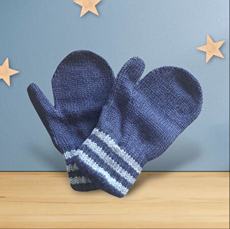 Parmaksız Erkek Bebe Eldiveni Mavi Örgü Eldiven 0-3 Yaş
